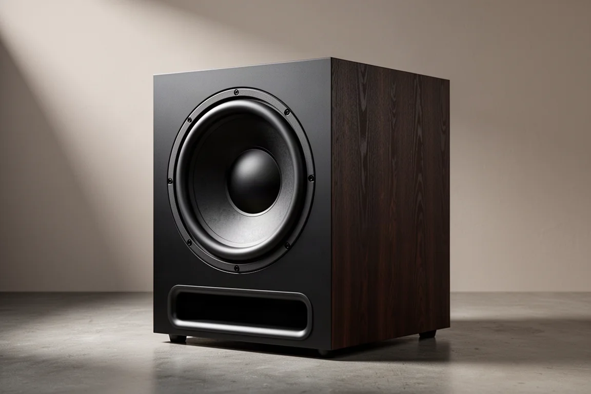 Large black ported home theater subwoofer with a 12-inch front-firing driver on a concrete floor