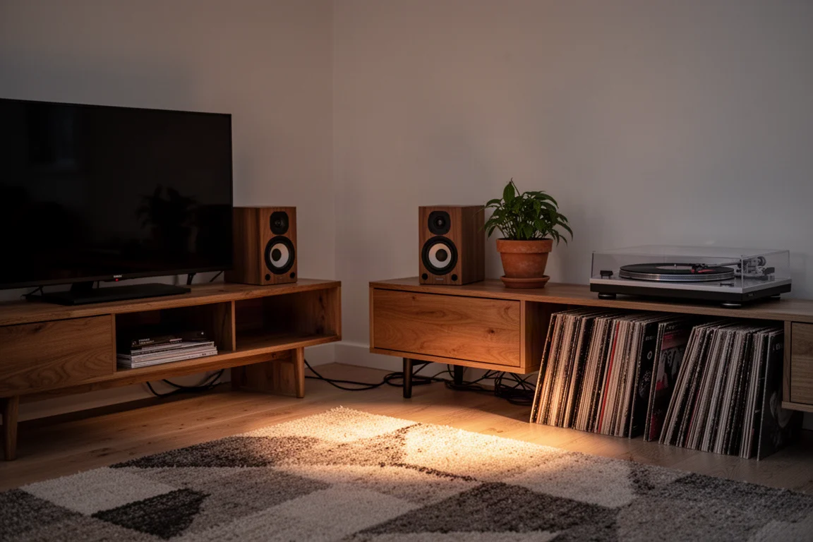 Canto de audição na sala de estar ao anoitecer com caixas bookshelf, toca-discos e luz quente de abajur