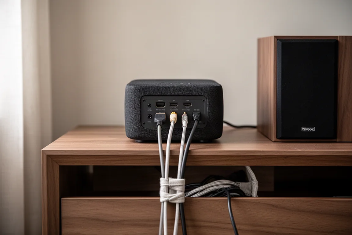 Parte traseira de uma caixa ativa com cabos HDMI, óptico e umbilical reunidos sobre um aparador
