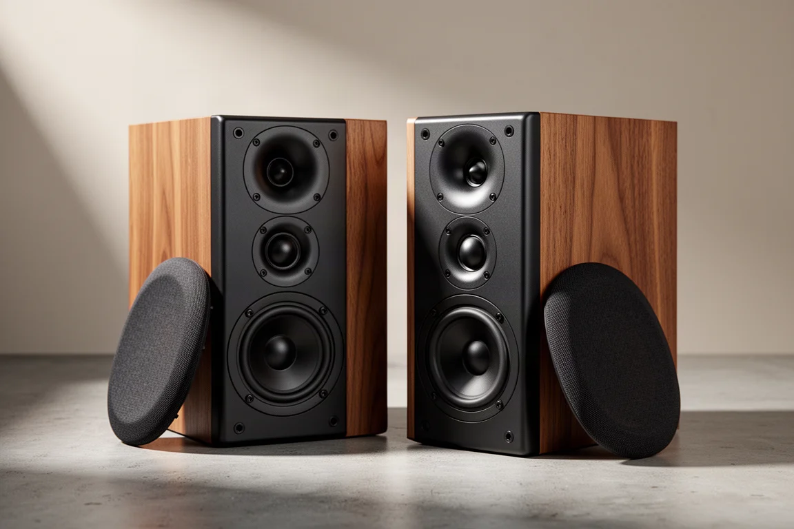 A pair of compact powered bookshelf speakers with walnut side panels on a concrete surface