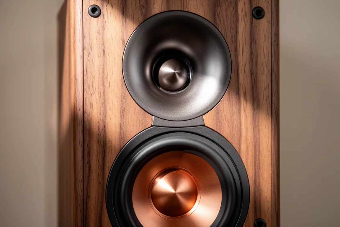 Primo piano di un tweeter a tromba e di un woofer con cono metallico su un diffusore in impiallacciatura di legno