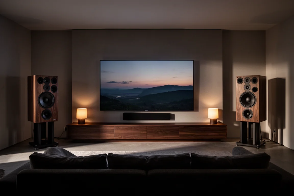 Ampio home theater in soggiorno al crepuscolo con due diffusori amplificati alti ai lati di uno schermo