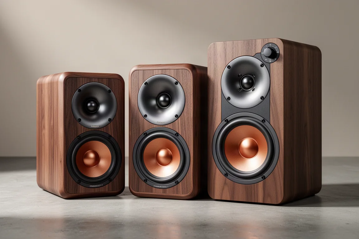 Three Klipsch Mark II powered bookshelf speakers of increasing size on a concrete surface