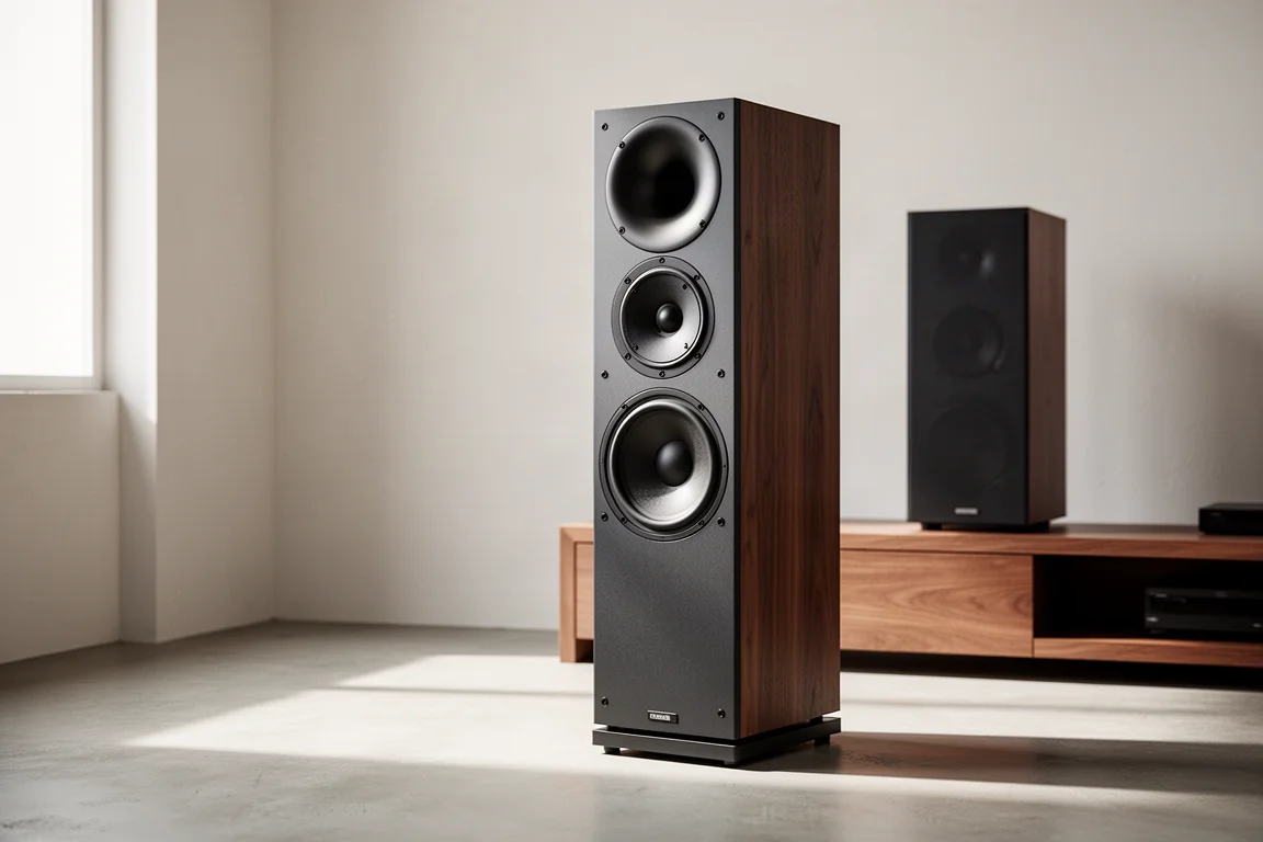Pair of tall Klipsch The Nines powered speakers with wood veneer panels on concrete