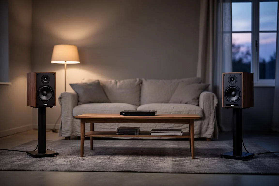 Hörecke im Wohnzimmer mit zwei Holzbücherregallautsprechern auf niedrigen Ständern
