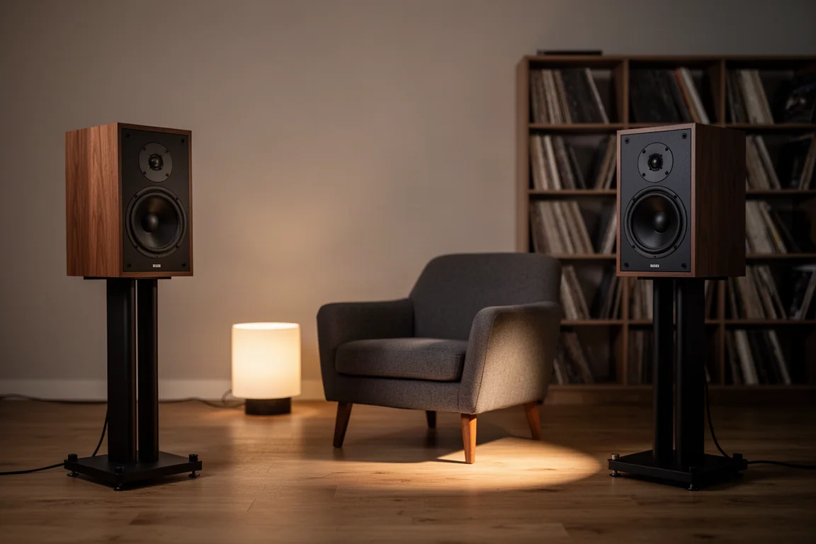 Vinylplatte dreht sich auf einem Plattenspieler zwischen zwei Holzlautsprechern