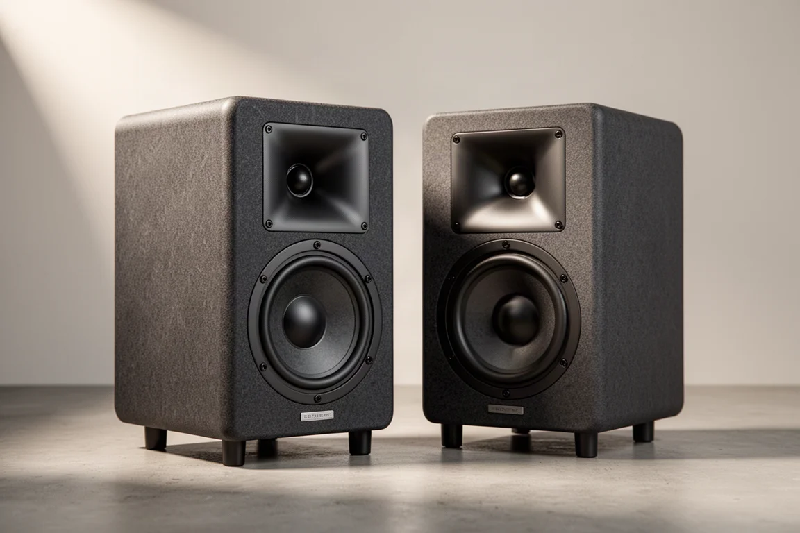 Pair of walnut-veneer Klipsch powered speakers with horn tweeters on a concrete floor
