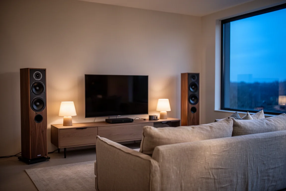 Two powered bookshelf speakers flanking a television in a modern living room at dusk