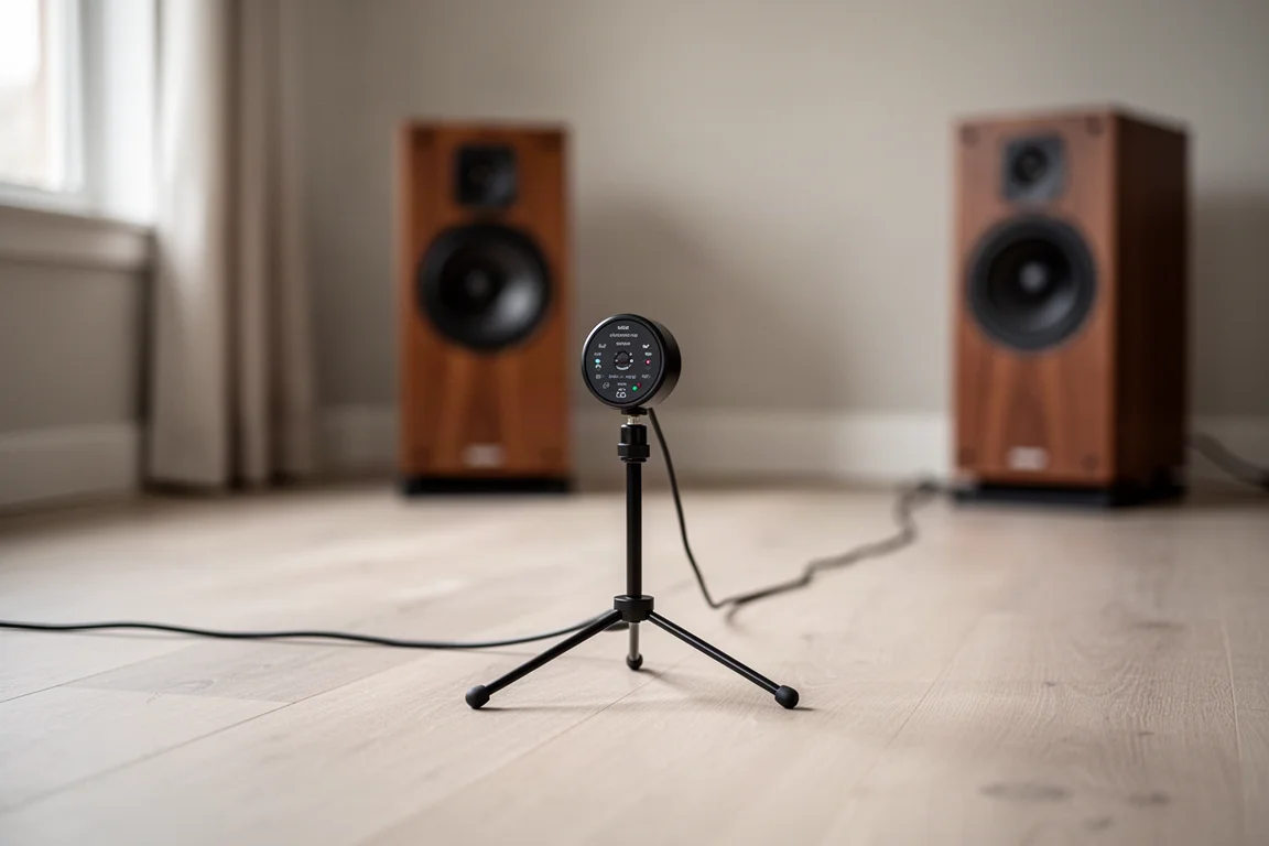 Calibration microphone on a tripod stand in a living room with speakers behind