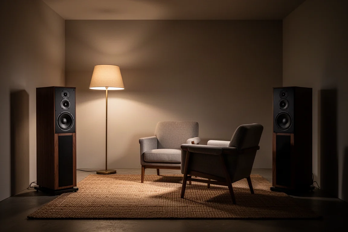 Dim listening room at night with two powered speakers pulled away from the wall