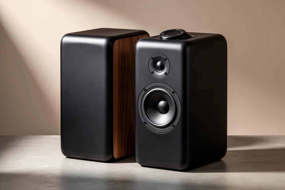 Two matte black powered bookshelf speakers on a concrete surface in soft studio light