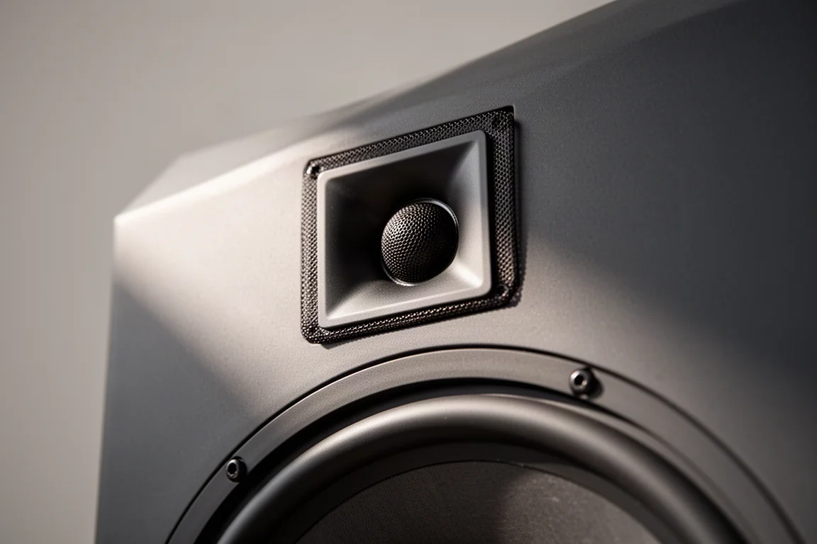 Close-up van een koperkleurige mid-bass driver en een hoorn-geladen tweeter in een walnoten baffle