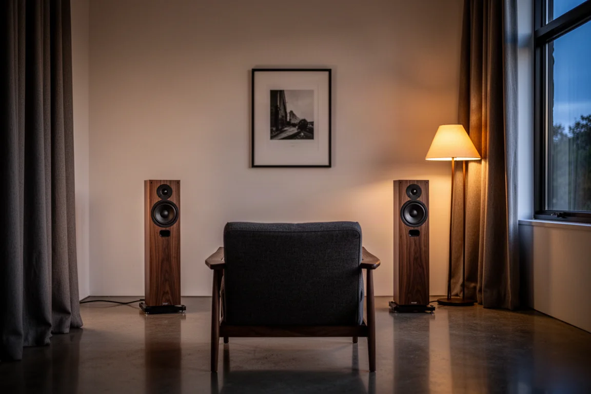 Achterpaneel van een walnoten luidspreker met aangesloten optische, HDMI- en RCA-kabels