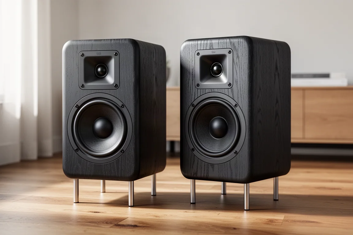 Pair of walnut Klipsch The Sevens active loudspeakers with grilles removed in a minimal room