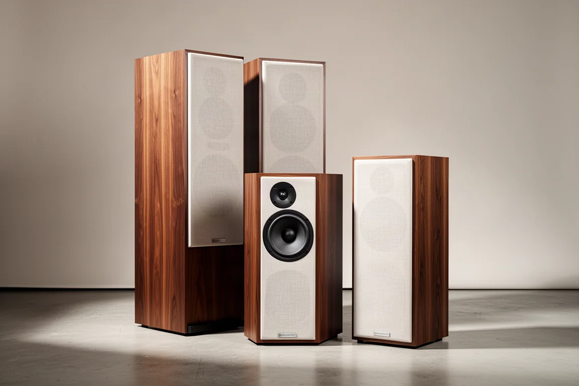 Two pairs of walnut-veneer Heritage-inspired powered speakers on a wooden console