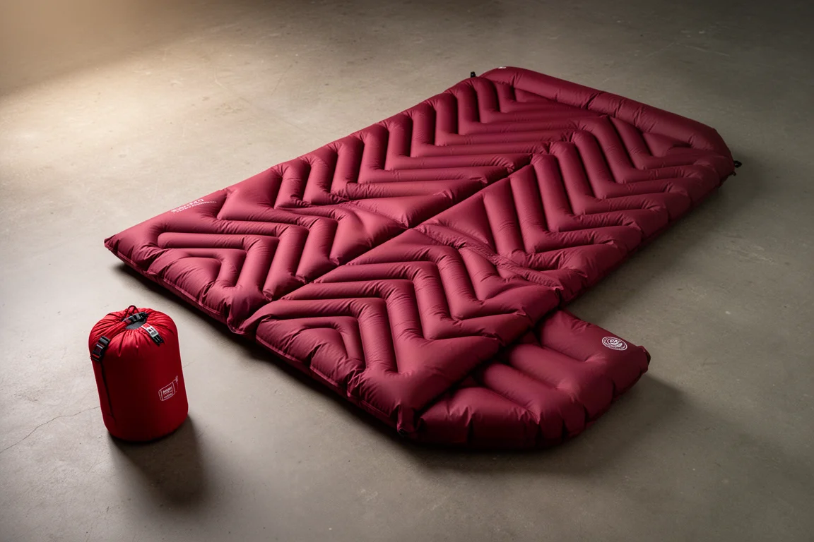 Red two-person inflatable sleeping pad with V-shaped baffles beside a roll-top stuff sack