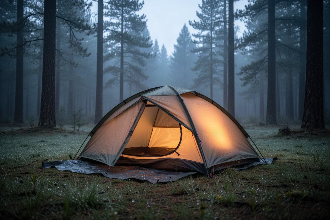 Tente deux places montée dans une clairière en forêt au crépuscule, éclairée de l'intérieur