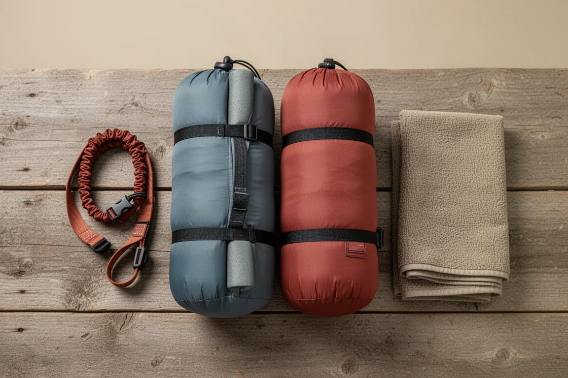 Vue du dessus de deux matelas doubles roulés dans leur sac de rangement sur du bois