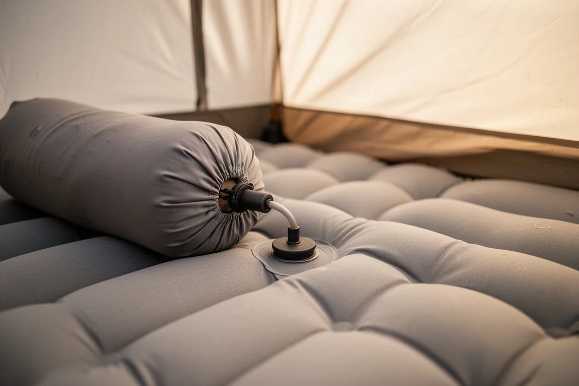 Sac de rangement avec pompe fixé à la valve d'un matelas de camping sur le sol d'une tente