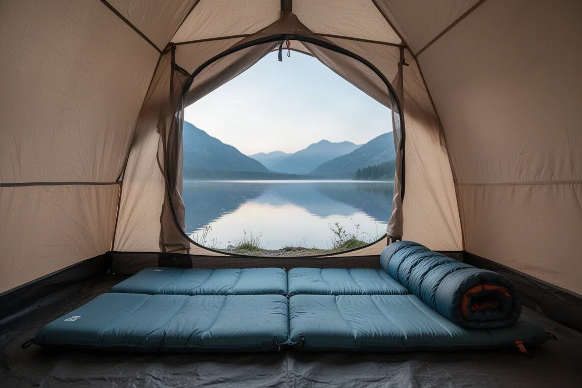 Matelas de camping double déplié dans une tente, porte ouverte sur un lac