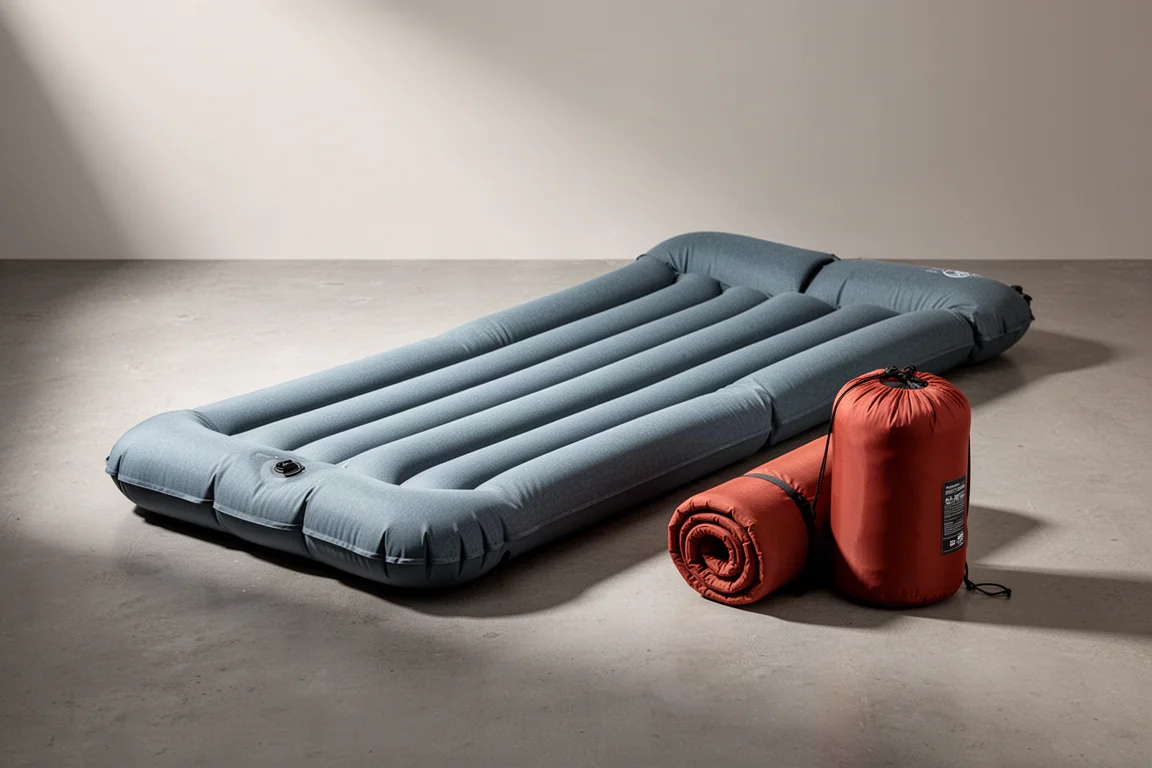 Blue-grey double sleeping pad laid flat beside a rust red pad rolled in its stuff sack