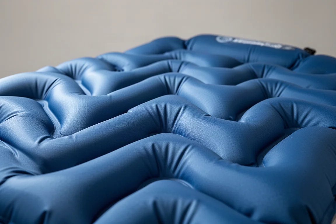 Primo piano delle camere d'aria a forma di V sulla superficie di un materassino blu gonfiato