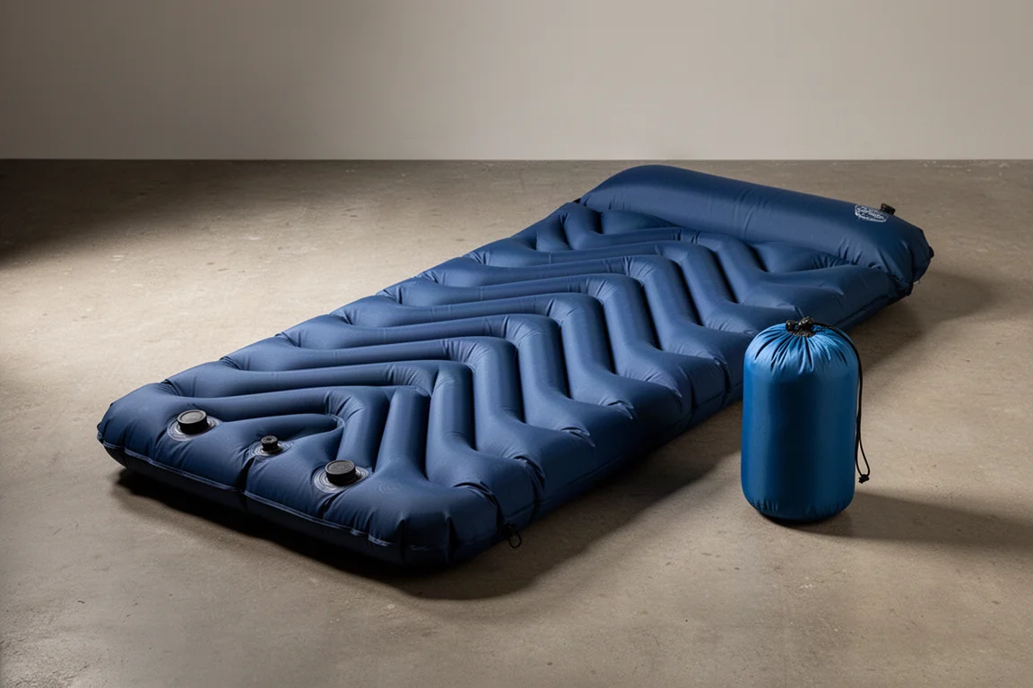 Blue two-person inflatable sleeping pad with V-shaped chambers and roll-top stuff sack