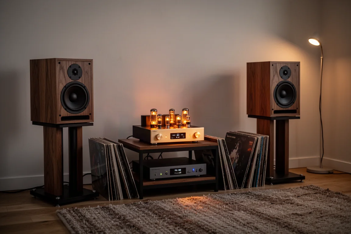 Sala de audição ao anoitecer com caixas bookshelf, brilho quente do amplificador e discos de vinil