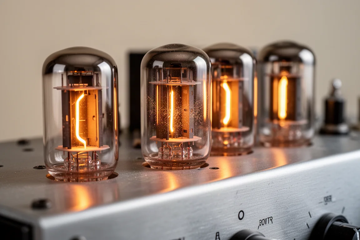 Close-up de quatro válvulas incandescentes no chassi de um amplificador