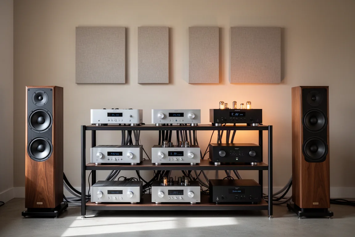 Rack de equipamentos hi-fi com três amplificadores e caixas torre em uma sala iluminada