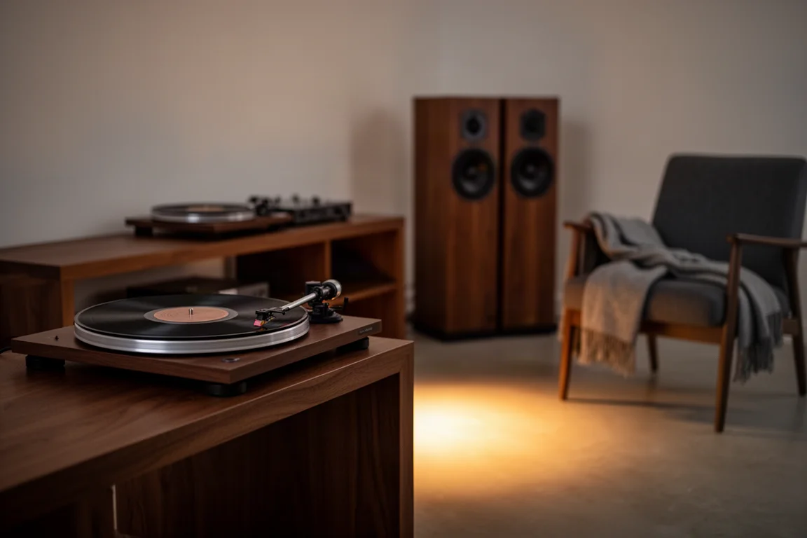 Cena de audição noturna com toca-discos, luz de lâmpada quente e caixas em foco suave