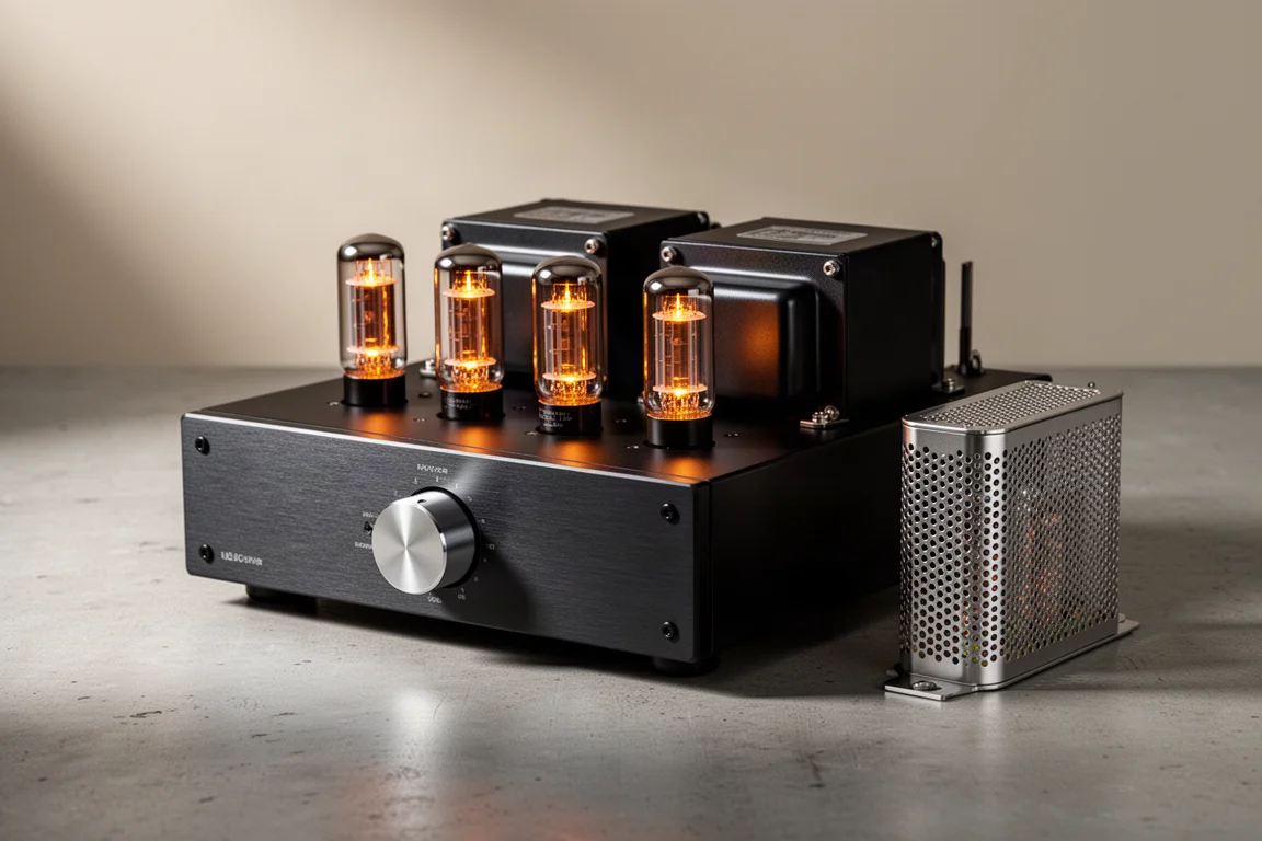 Black integrated tube amplifier with glowing EL34 tubes on a concrete surface