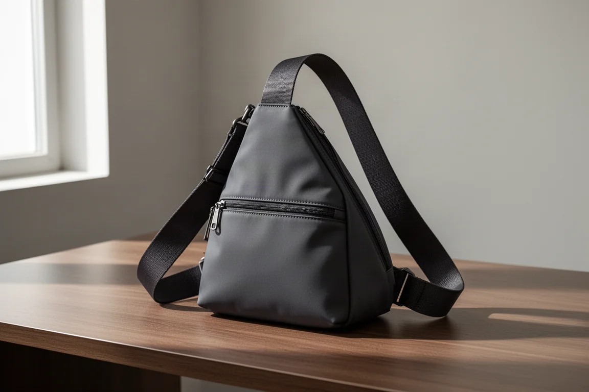 Knack Expandable Sling Bag in dark nylon on a wooden desk