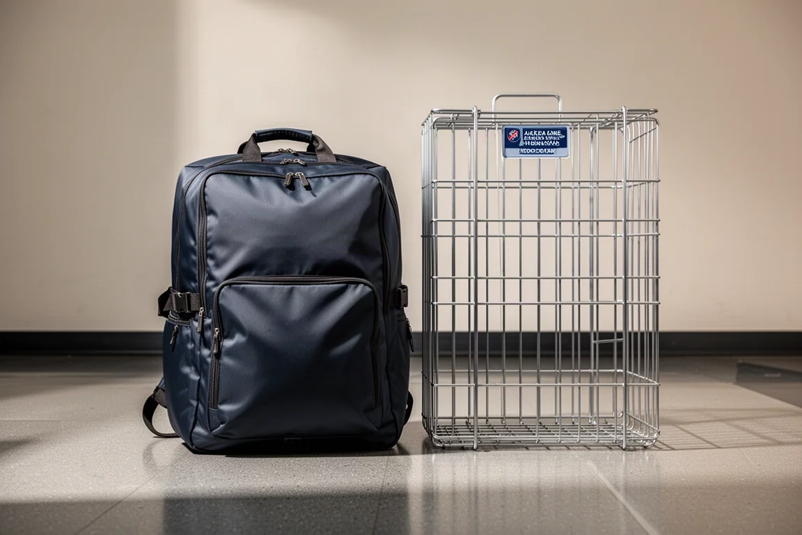Verwandelbarer Reiseduffel aufrecht neben einem Messkasten für persönliche Gegenstände einer Fluggesellschaft