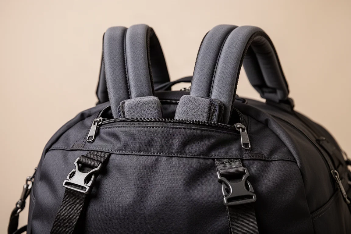 Verstaubare Schultergurte werden in eine obere Reißverschlusstasche des Duffels geschoben