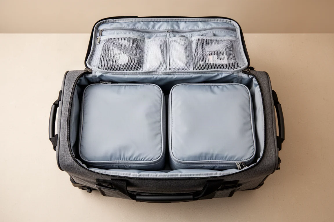 Geöffneter Duffel mit zwei großen Packwürfeln ordentlich im Hauptfach