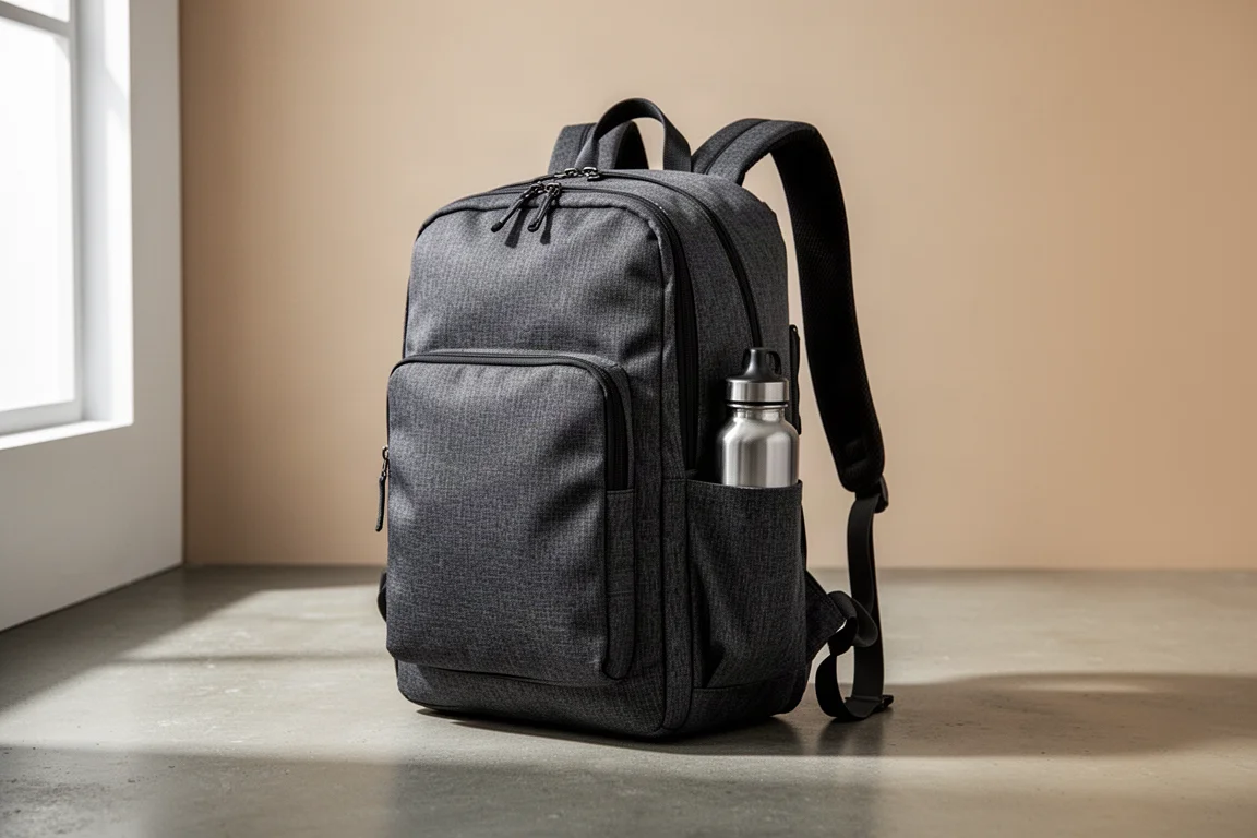 Charcoal convertible travel backpack standing on a concrete surface