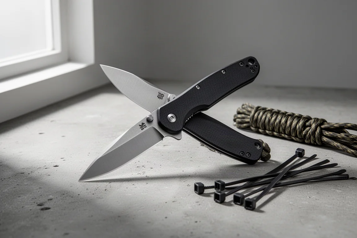 Folding pocket knife with black G10 scales and drop-point blade on concrete beside paracord