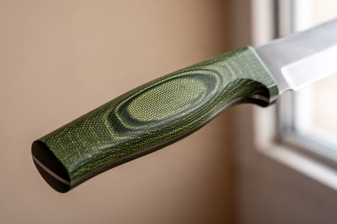 绿色 Micarta 锥形刀柄贴片与指槽的特写