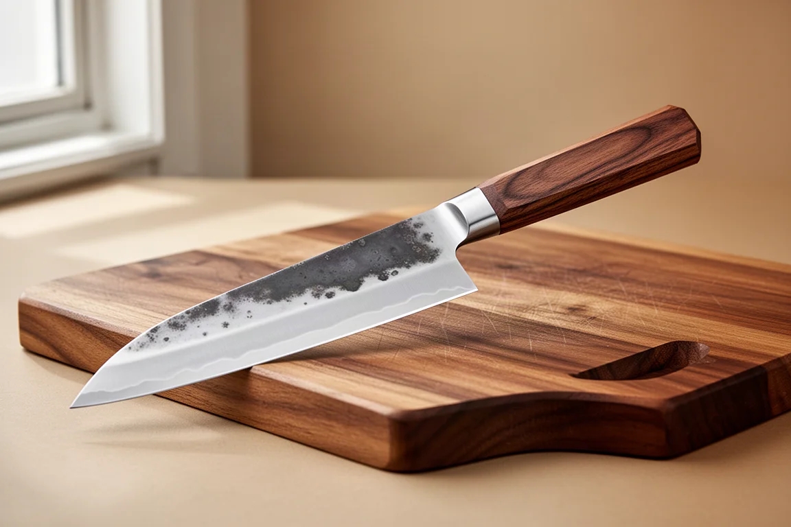 210mm carbon steel gyuto knife with rosewood handle on a wooden cutting board