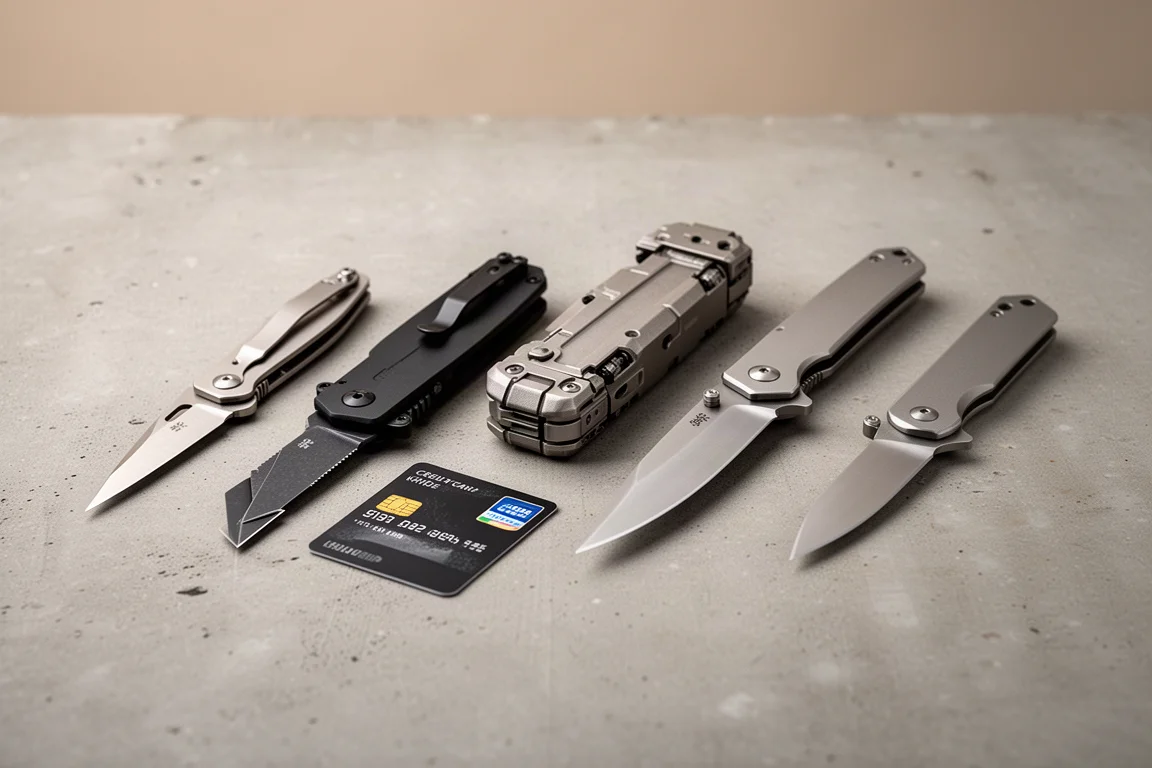 Lineup of five modern folding knives on a matte concrete surface