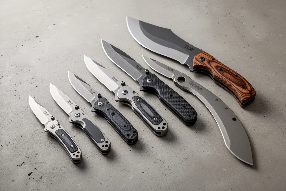 Nine folding knives of varying sizes arranged in a row on a concrete surface