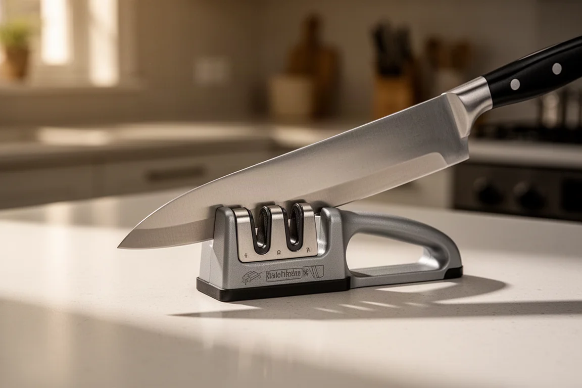 Chef's knife being drawn through the slot of a pull-through sharpener on a kitchen counter
