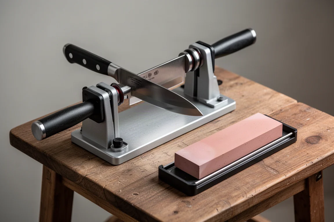 Fixed-angle guided sharpening system clamping a knife beside a small waterstone