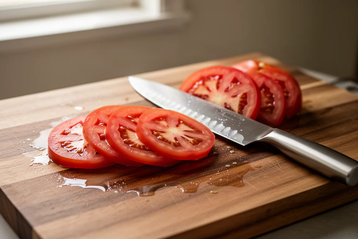 Tomato slices on a cutting board next to a freshly sharpened kitchen knife