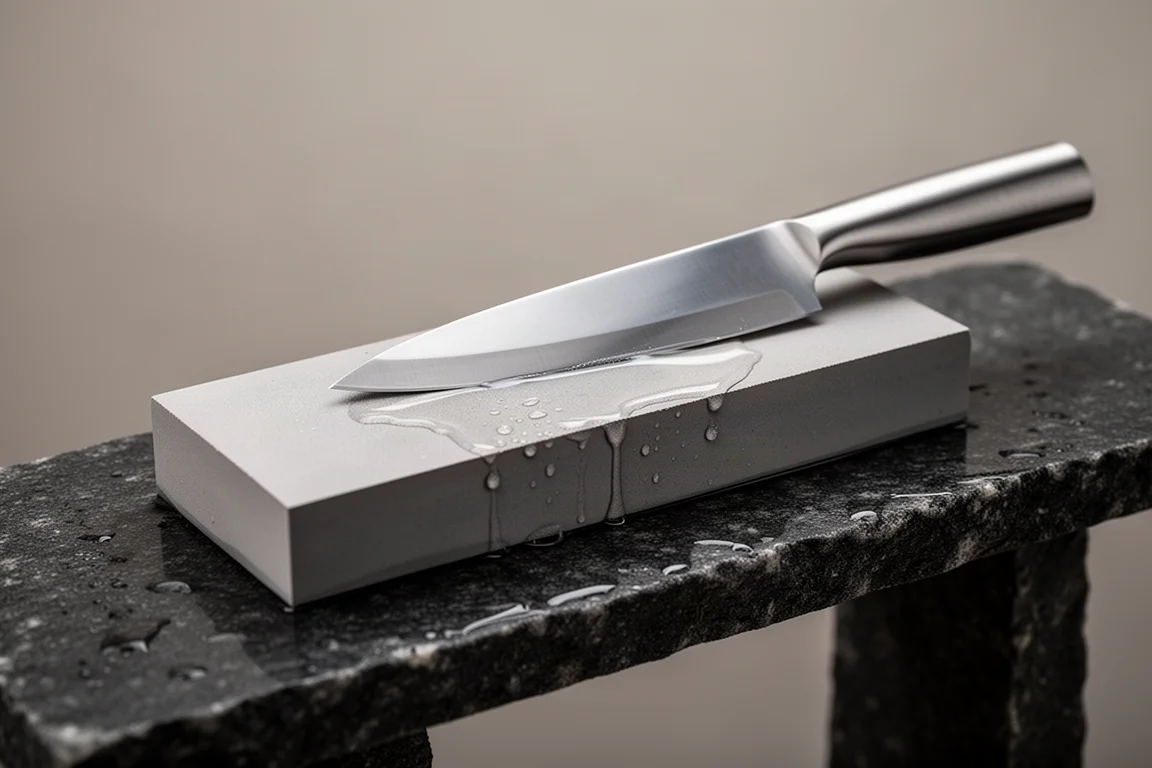 Water whetstone with a knife blade resting at a sharpening angle on a workshop bench
