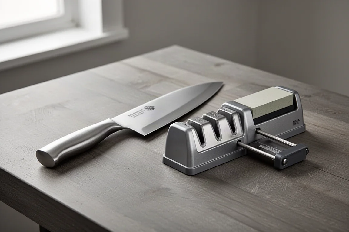 Chef's knife with a pull-through sharpener and a guided sharpening system on a wooden surface