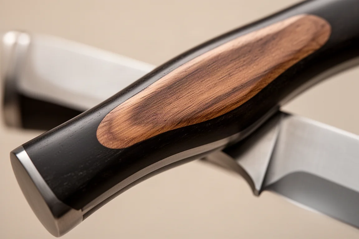 Gros plan sur un manche de couteau galbé avec un incrustation en bois sous une lumière douce