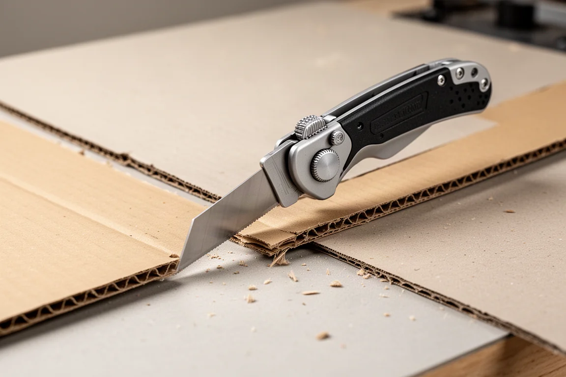 Couteau utilitaire tranchant du carton sur un établi
