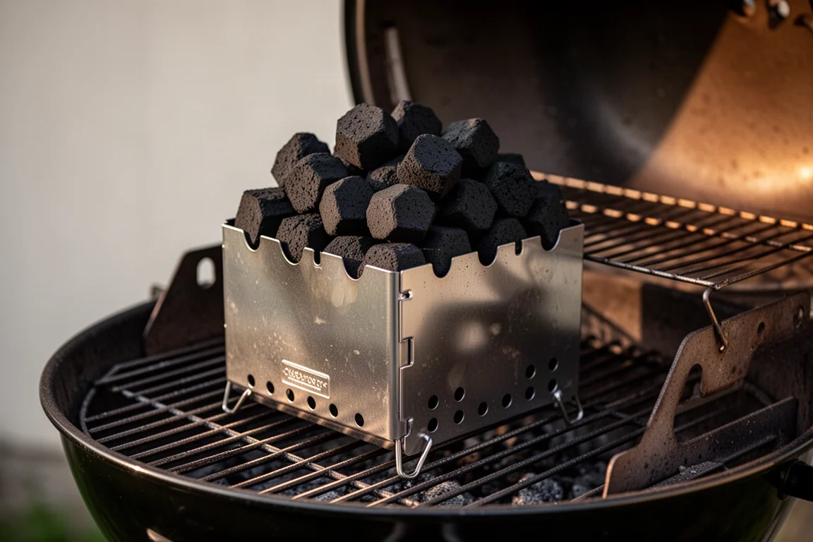 Hexagonal charcoal pieces stacked inside a metal charcoal chimney starter on a grill